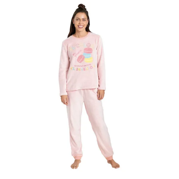 Muydemi Γυναικεία Ζεστή Fleece Πιτζάμα Ροζ με σχέδιο Donuts oversized 250302 Pink
