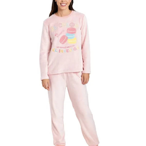 Muydemi Γυναικεία Ζεστή Fleece Πιτζάμα Ροζ με σχέδιο Macaron oversized 250302 Pink