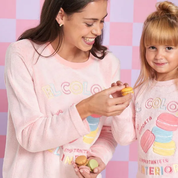 Muydemi Γυναικεία Ζεστή Fleece Πιτζάμα Ροζ με σχέδιο Macaron oversized 250302 Pink