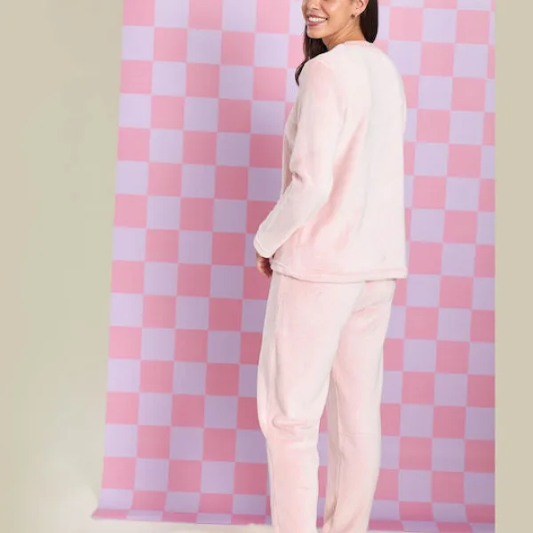 Muydemi Γυναικεία Ζεστή Fleece Πιτζάμα Ροζ με σχέδιο Macaron oversized 250302 Pink