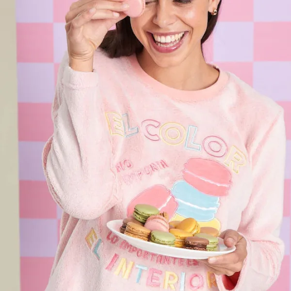 Muydemi Γυναικεία Ζεστή Fleece Πιτζάμα Ροζ με σχέδιο Macaron oversized 250302 Pink