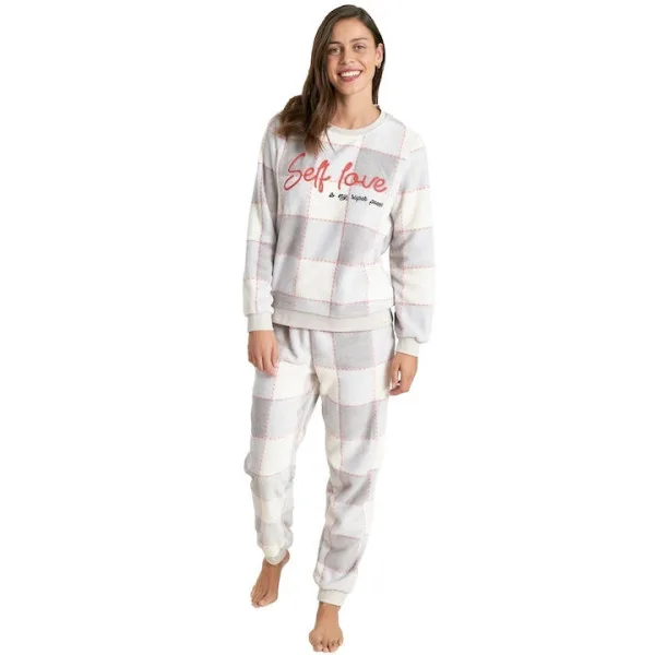 Muydemi Γυναικεία Ζεστή Fleece Πιτζάμα Γκρί καρό regular fit 250300 Grey