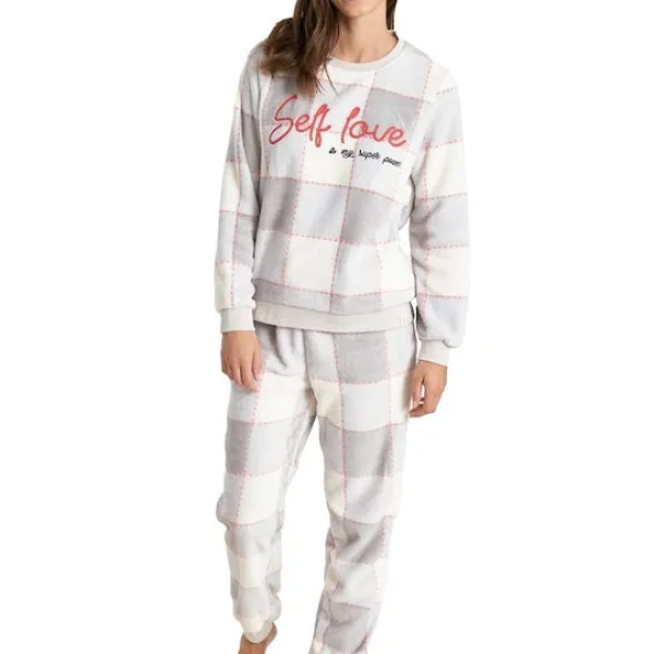 Muydemi Γυναικεία μοντέρνα Ζεστή Fleece Πιτζάμα Γκρί ιβουάρ καρό με logo Love regular fit 250300 Grey