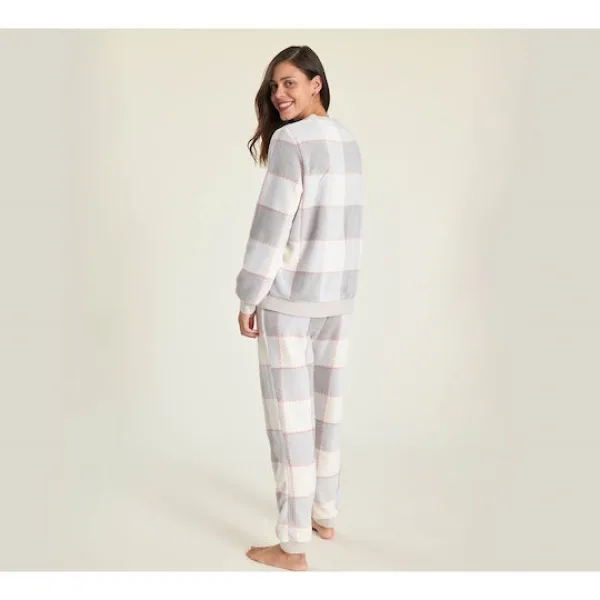 Muydemi Γυναικεία μοντέρνα Ζεστή Fleece Πιτζάμα Γκρί ιβουάρ καρό με logo Love regular fit 250300 Grey