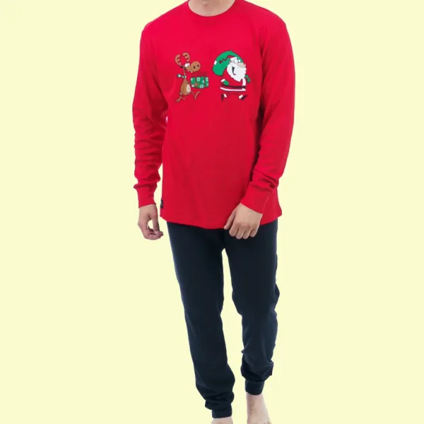 Sara Παιδική βαμβακερή Unisex Πυτζάμα Χριστουγέννων για όλη την οικογένεια Αγ.Βασίλης & τάρανδος Κόκκινη-Μαύρη 4073K