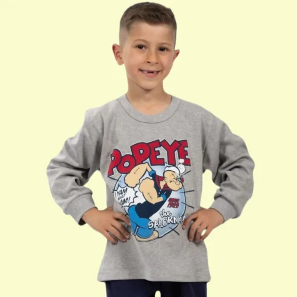 Nina Club αγορίστικη βαμβακερή πιτζάμα fashion με σχέδιο Popey Ποπάυ γκρί φουτερ μπλούζα μπλέ παντελόνι NC704