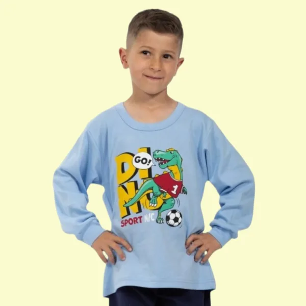 Nina Club αγορίστικη βαμβακερή πιτζάμα fashion με σχέδιο Dino δεινόσαραυρος γαλάζια μπλούζα μπλέ παντελόνι NC26141