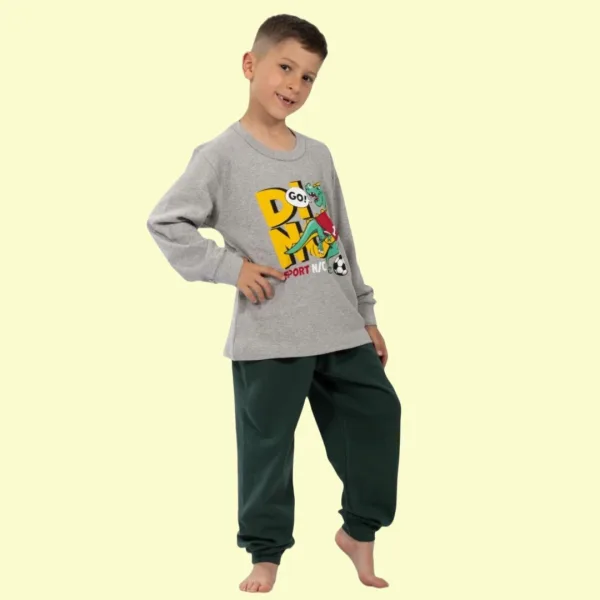 Nina Club αγορίστικη βαμβακερή πιτζάμα fashion με σχέδιο Dino δεινόσαραυρος Γκρί μπλούζα χακί παντελόνι NC26141
