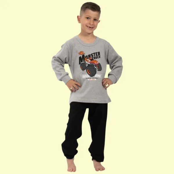 Nina Club αγορίστικη βαμβακερή πιτζάμα fashion με σχέδιο Monster Truck Γκρί μπλούζα μαύρο παντελόνι NC26347