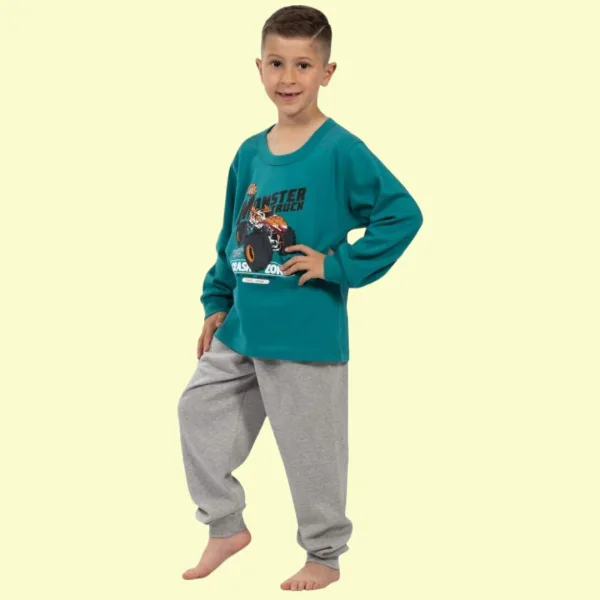 Nina Club αγορίστικη βαμβακερή πιτζάμα fashion με σχέδιο Monster Truck Πετρόλ μπλούζα γκρί παντελόνι NC26347