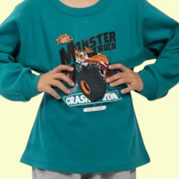 Nina Club αγορίστικη βαμβακερή πιτζάμα fashion με σχέδιο Monster Truck Πετρόλ μπλούζα γκρί παντελόνι NC26347