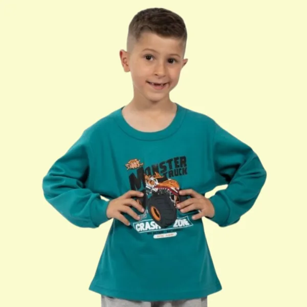 Nina Club αγορίστικη βαμβακερή πιτζάμα fashion με σχέδιο Monster Truck Πετρόλ μπλούζα γκρί παντελόνι NC26347