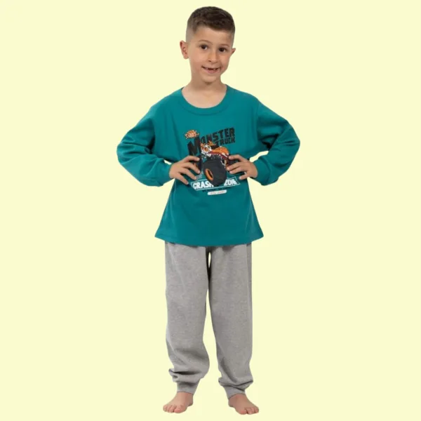 Nina Club αγορίστικη βαμβακερή πιτζάμα fashion με σχέδιο Monster Truck Πετρόλ μπλούζα γκρί παντελόνι NC26347