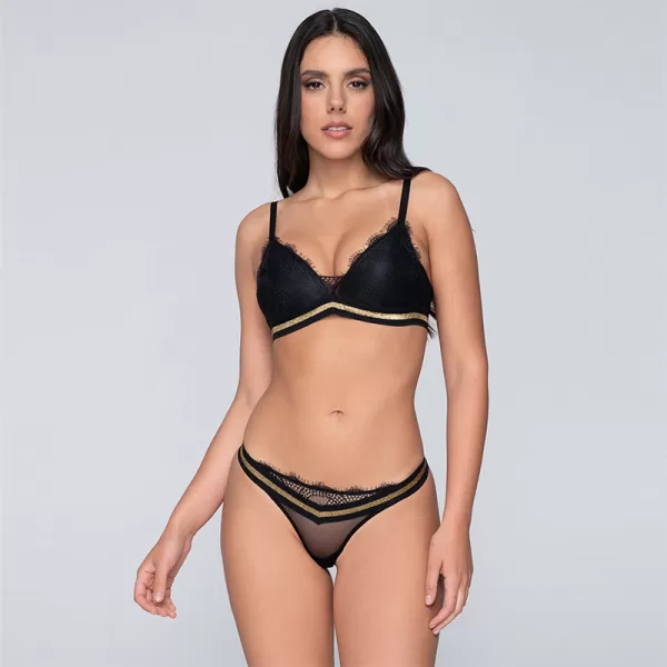 Luna Chery Γυναικείο Μαύρο Brazil Εσώρουχο από Δαντέλα και Χρυσές Λεπτομέρειες 25251 Brazilian Brief 