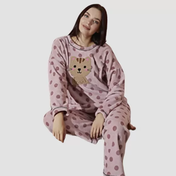Eliz Γυναικεία Χειμερινή Fleece Πυτζάμα Ροζ με χαριτωμένες βούλες και  φανταστικό σχέδιο Λιονταράκι 8897.3
