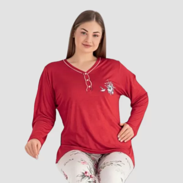 Cagri Γυναικεία Πιτζάμα Viscose Plus Size Πολυτελείας Βισκόζη Κόκκινη με κουμπιά & με ιβουαρ Floral παντελόνι 7282