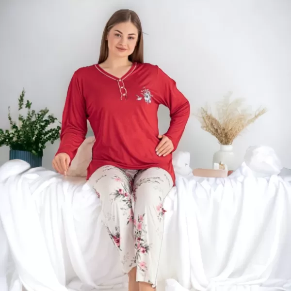 Cagri Γυναικεία Πιτζάμα Viscose Plus Size Πολυτελείας Βισκόζη Κόκκινη με κουμπιά & με ιβουαρ Floral παντελόνι 7282