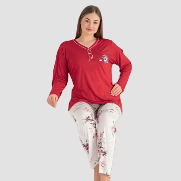 Cagri Γυναικεία Πιτζάμα Viscose Plus Size Πολυτελείας Βισκόζη Κόκκινη με κουμπιά & με ιβουαρ Floral παντελόνι 7282