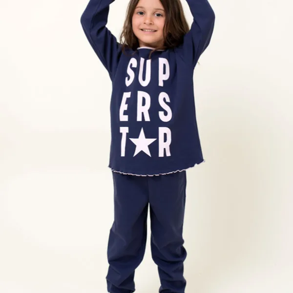 Happy Family Παιδική Βαμβακερή Πιτζάμα Χειμωνιάτικη για Κορίτσια  Μωβ σχέδιο super Star Ροζ PB-XHF783