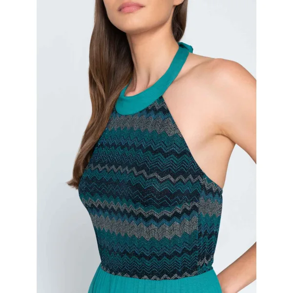 Topaz Lurex Μακρύ Φόρεμα Halter Neck - Πρασινο