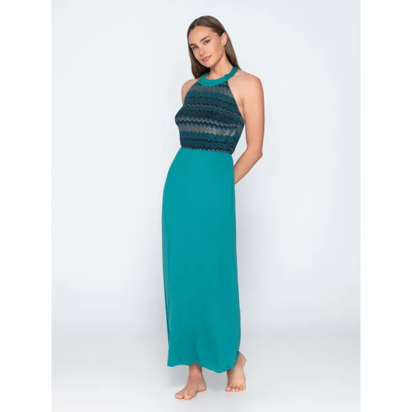 Topaz Lurex Μακρύ Φόρεμα Halter Neck - Πρασινο