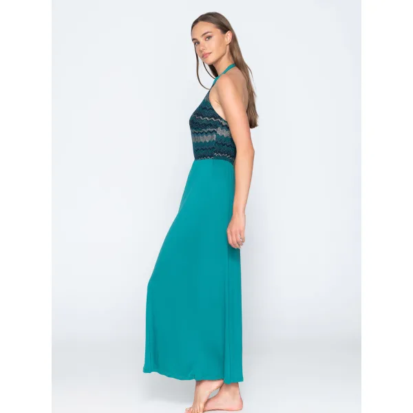 Topaz Lurex Μακρύ Φόρεμα Halter Neck - Πρασινο