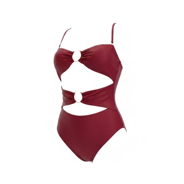 Modern Ocean Γυναικείο sexy ολόσωμο στράπλες μαγιό γυαλιστερό κόκκινο μπορντώ με κρίκους ανοιχτό μπροστά brazil summer collection 5147 RED. BORDEAUX