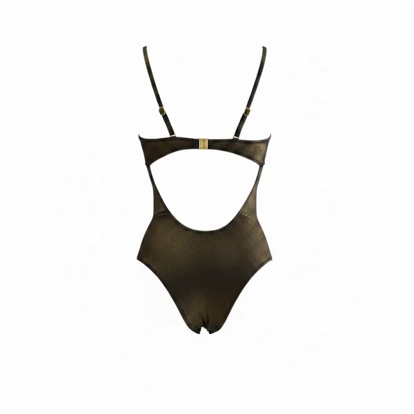 Modern Ocean Γυναικείο sexy ολόσωμο στράπλες μαγιό γυαλιστερό μαύρο χρυσό με κρίκους ανοιχτό μπροστά brazil summer collection 5147