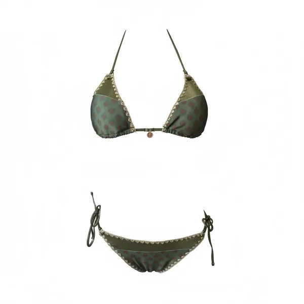 Modern Ocean Γυναικείο Set Bikini Τριγωνάκι λαδί πράσινο χρώμα με κεντημένες λεπτομέρειες περιμετρικά crochet στις άκρες & δετό brazil C-6392 olive