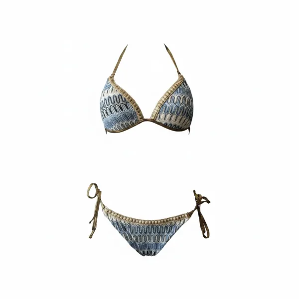 Modern Ocean Γυναικείο Set Bikini push up Τριγωνάκι  πλεκτό μπλέ με χρυσό δέσιμο & δετό brazil C-6381 blue
