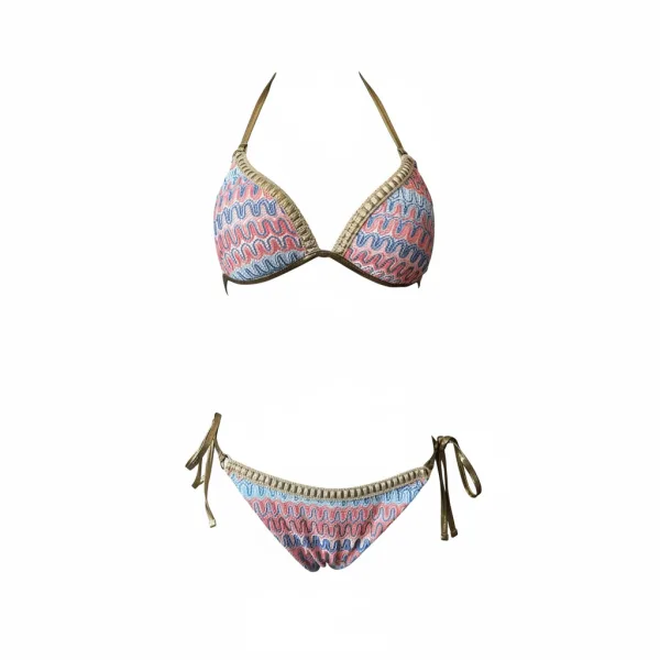 Modern Ocean Γυναικείο Set Bikini push up Τριγωνάκι  πλεκτό μπλέ πορτοκαλί με χρυσό δέσιμο & δετό brazil C-6381 blue orange