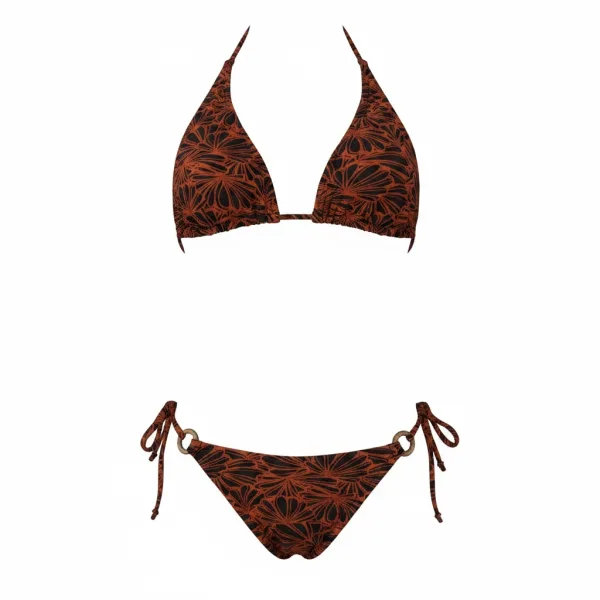 Modern Ocean Γυναικείο Set Bikini Τριγωνάκι ανάγλυφο κεραμιδί  με καφέ λεπτομέρειες & δετό σλιπ brazil C-6064 Brown