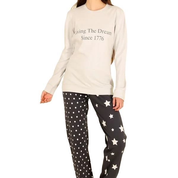 Happy Family Γυναικεία Βαμβακερή Πιτζάμα Χειμερινή στο χρώμα του Πάγου με Logo και Γκρί Πουά παντελόνι GB-XHF731