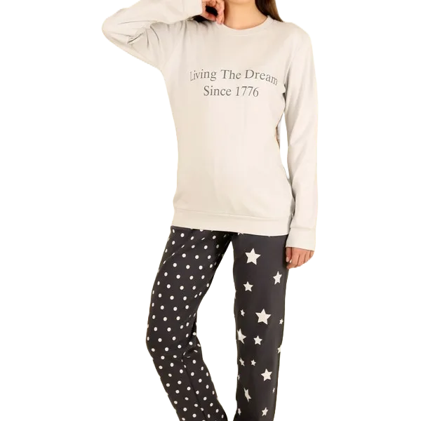 Happy Family Γυναικεία Βαμβακερή Πιτζάμα Χειμερινή στο χρώμα του Πάγου με Logo και Γκρί Πουά παντελόνι GB-XHF731