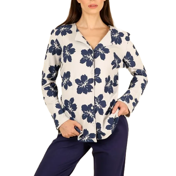 Happy Family Γυναικεία Βαμβακερή Πιτζάμα Χειμωνιάτικη χρώμα του Πάγου Με Μπλε Λουλούδια Κουμπιά  GB-XHF744