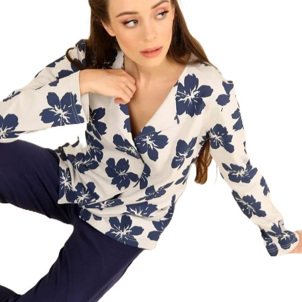 Happy Family Γυναικεία Βαμβακερή Πιτζάμα Χειμωνιάτικη χρώμα του Πάγου Με Μπλε Λουλούδια Κουμπιά  GB-XHF744