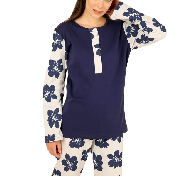 Happy Family Γυναικεία Βαμβακερή Πιτζάμα Χειμωνιάτικη Μπλέ σκούρο με Λουλούδια και 3 Κουμπιά  GB-XHF746
