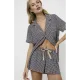 Aruelle Γυναικείο σετ πιτζάμας 100% cotton πουκάμισο με κουμπιά, με μαυρα και μπεζ γεωμετρικα σχεδια και σορτς Ιsolda set