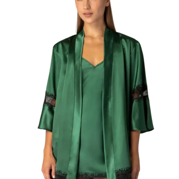 Milena by Paris Robe Γυναικεία Ρόμπα Σατέν με Δαντέλα Κυπαρισσί 005337