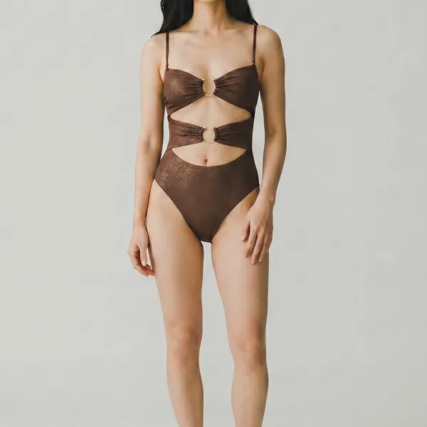 Modern Ocean Γυναικείο sexy ολόσωμο στράπλες μαγιό γυαλιστερό Μπρονζέ με χρυσούς κρίκους ανοιχτό μπροστά brazil summer collection 5147 BRONZE